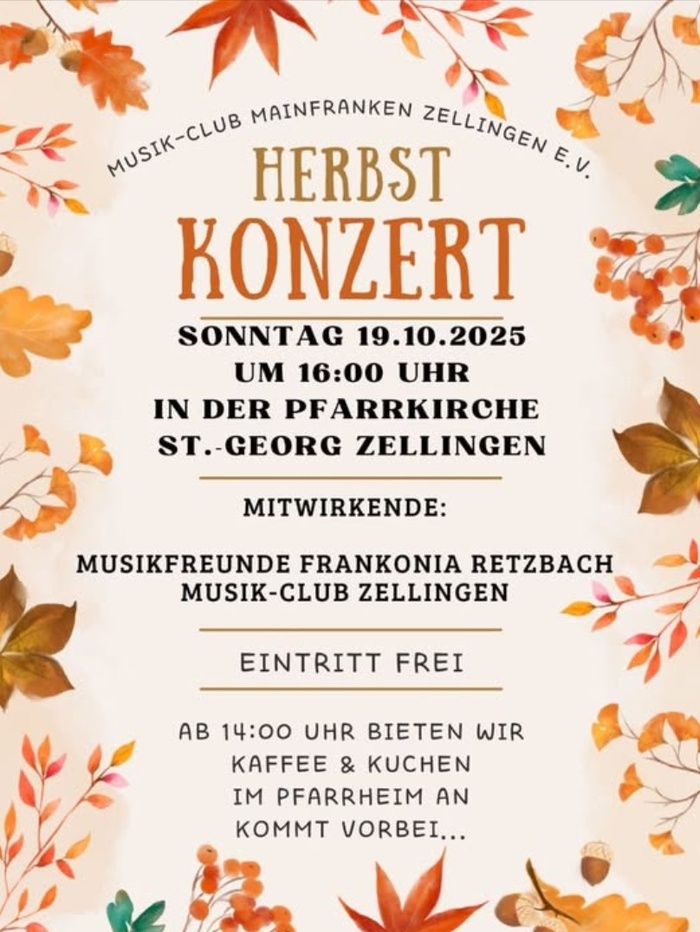 Plakat für das Herbstkonzert des Musik-Clubs am 19.10.2025 in der Pfarrkirche Zellingen